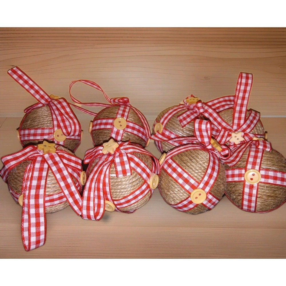 8 Winter Wonder Lane Twine‎ Ribbon Ball Ornaments Gingham Primitive Farmhouse